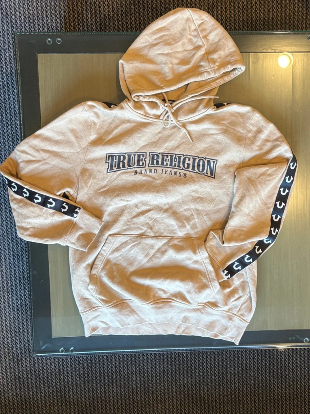 True Religion Beige Hoodie with Black Logo Tape